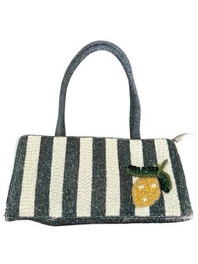 Beaded and Bedazzled Navy & White Striped Mini Hang Bag with Lemon Accent